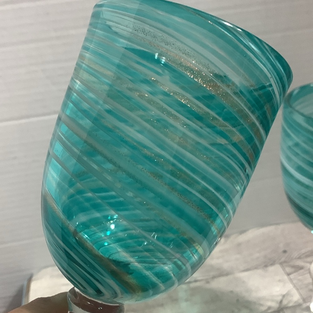 Vintage Aqua White w/ gold swirl blown 8.5 in wine glasses .. heavy weight.. - Picture 3 of 8